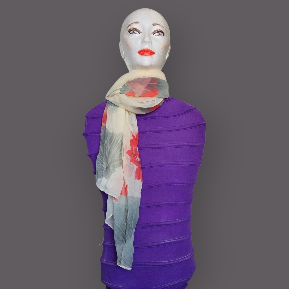 Floral Cream and Red Scarf - Picture 2 of 10